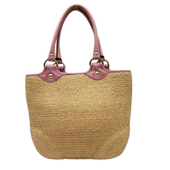 Coach 13373 Women's Straw Tote Bag with Tea Rose Flower Charm, Beige and Pink... - Picture 3 of 16